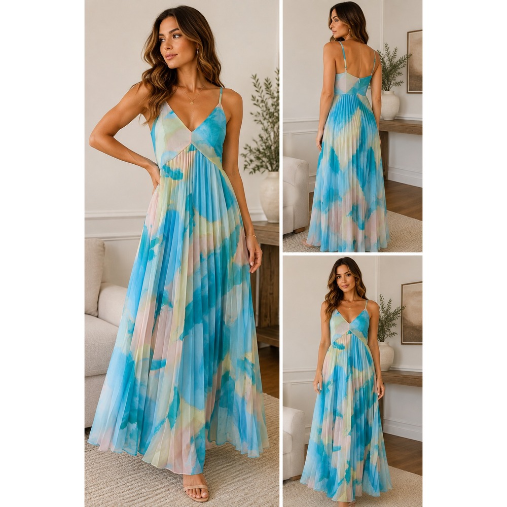 Chelsea28 NWT Pleated Maxi Dress M Blue Watercolor Chiffon V Neck Nordstrom $119